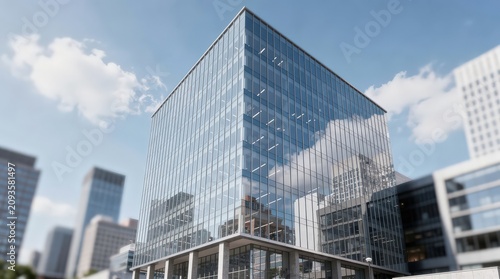 A modern glass office building reflects clouds and sky, set in an urban area with other high-rise structures under a clear blue sky.