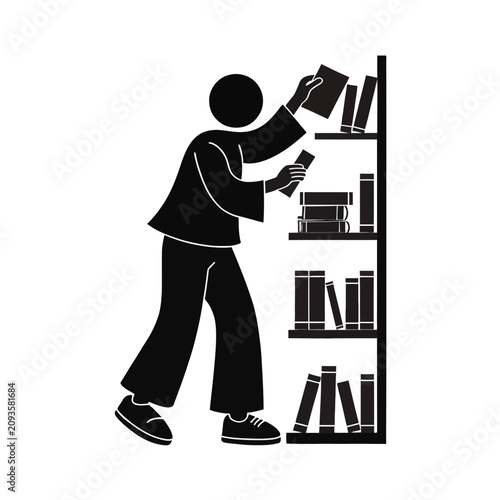 Fotografie Librarian reaches for a hardcover book on a tall wooden shelf in a quiet public library study room