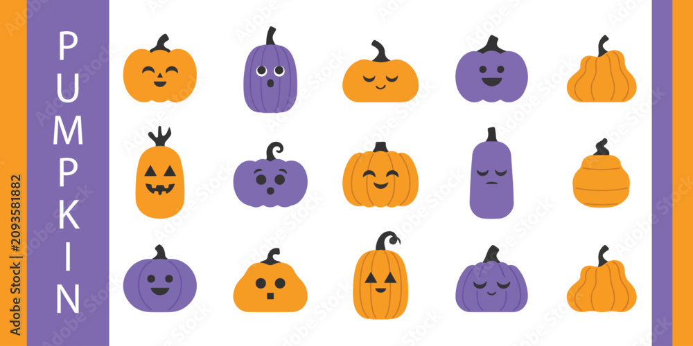 Fototapeta premium Colorful cartoon pumpkins with different expressions isolated on background