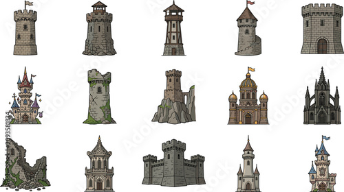 Foto Vector illustration collection of medieval towers gothic cathedrals stone bastions and ancient castle ruins isolated on white background