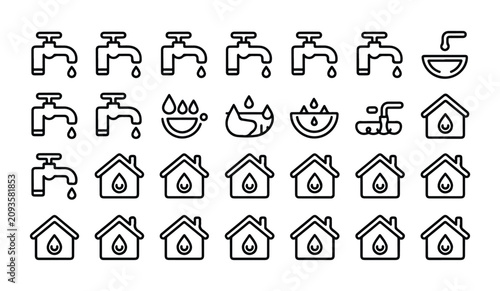 Linear residential water utility icons with house symbols dripping taps and supply themes.