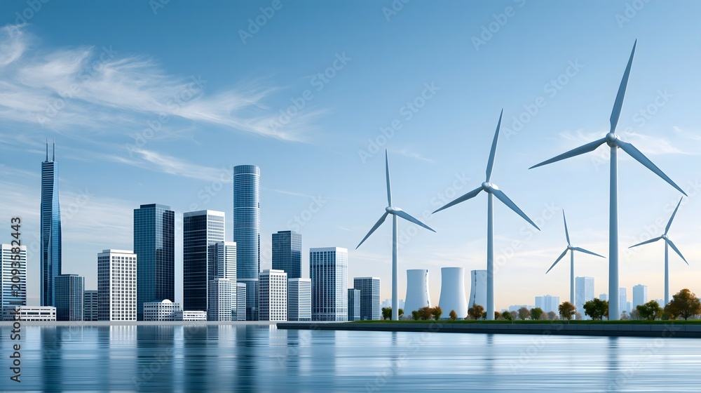Fototapeta premium modern city skyline powered by renewable energy under peaceful blue sky, nuclear free future concept, realistic commercial photography