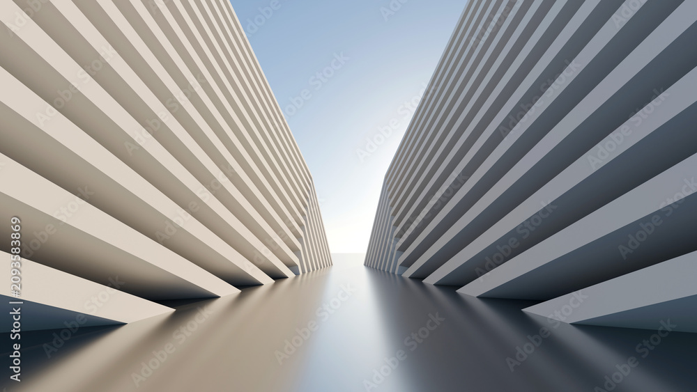 Fototapeta Symmetrical 3D architectural corridor with repeating white geometric fins, glossy floor, and blue sky. Perfect for modern tech backgrounds and corporate web banners