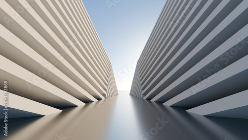 Foto Symmetrical 3D architectural corridor with repeating white geometric fins, glossy floor, and blue sky