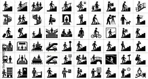 Comprehensive navigation sign bundle containing staircase climbing escalator elevator airport transit accessibility and emergency exit pictogram icons, black vector silhouettes set.