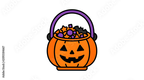 Halloween pumpkin candy bucket filled with sweets trick or treat vector illustration