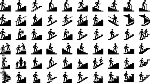 Comprehensive navigation sign bundle containing staircase climbing spiral stairs elderly accessibility pedestrian movement and public wayfinding pictogram icons, black vector silhouettes set.