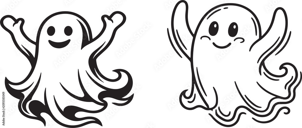 Obraz premium Two smiling ghosts isolated on transparent background for halloween decorations