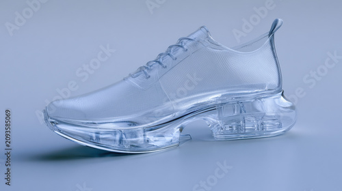 A clear sneaker sits on a plain background, demonstrating an unusual design. The shoe features a translucent structure and a unique sole. It emphasizes contemporary fashion trends