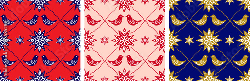 Foto christmas bird and star seamless pattern set folk art winter background in red p