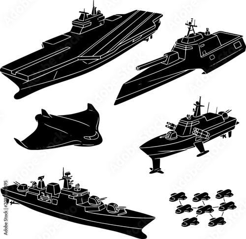 Modern Naval Warships and Unmanned Military Systems Illustrating Advanced Maritime Defense Capabilities for Strategic Warfare Technology in a Futuristic Vector Silhouette Collection.