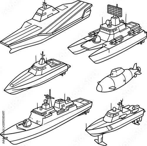 Detailed Outline Vector Set of Modern Naval Combat Ships and Submarine for Military Theme Illustration.