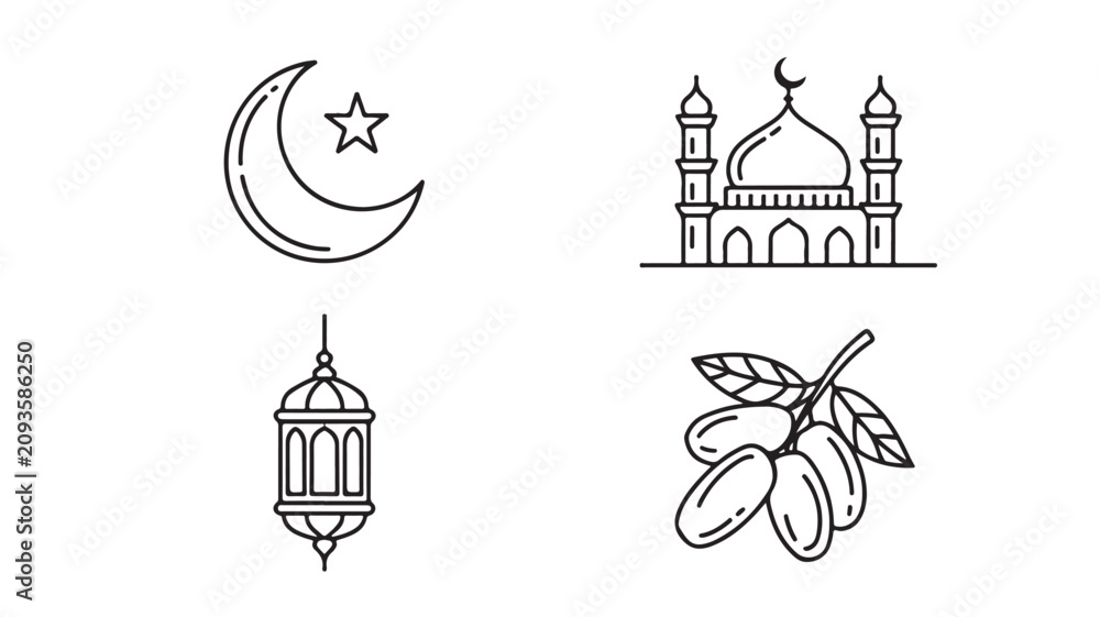 Fototapeta premium Ramadan Kareem icons set with mosque, crescent moon, lantern and dates
