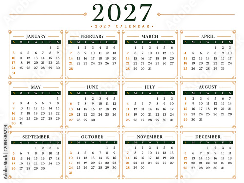 A clean, elegant, and professional 2027 annual wall calendar template featuring a structured grid layout with dark green headers and gold-toned decorative frame borders.