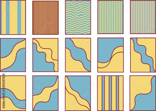 Canvastavla A vibrant set of fifteen abstract geometric squares featuring wavy lines and stripes in flat lighting for a creative modern design