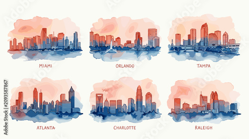 American City Skyline Watercolor Collection, Modern Travel Vector Set in Coral, Peach and Deep Blue Colors