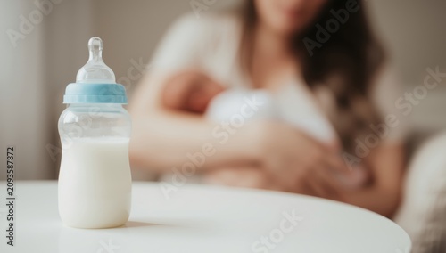 Baby bottle filled with fresh milk standing on a white table with a blurred mother holding newborn in background