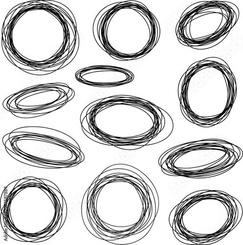 Bilde på lerret Collection of expressive hand-drawn black scribble circles and messy ovals creating a chaotic artistic energy on white backdrop