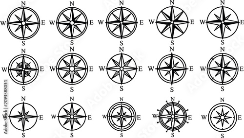Foto Set of fifteen black compass rose icons for adventurous navigation, precisely arranged on a bright white background
