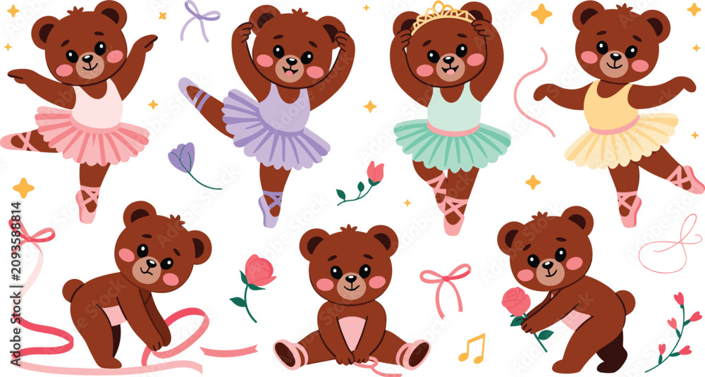 Fototapeta premium Teddy bear ballerinas flat vector illustration. Cute brown dancers wearing colorful frilly tutus, pointe shoes, and tiaras perform near delicate ribbons.