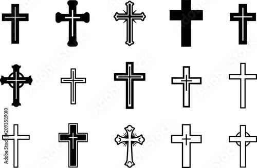 Diverse collection of fifteen Christian cross icons featuring various artistic styles in minimalist black and white for spiritual branding.