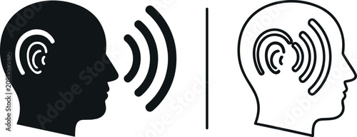 Foto Human head profiles with sound waves symbolize attentive listening in a high contrast studio for auditory processing and focus