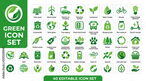 Modern Green Ecology Icon Set, Minimal Environmental Line Vector Collection in Green and White Colors