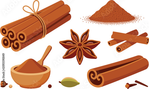 Bild auf Leinwand Cinnamon sticks flat vector illustration bundle