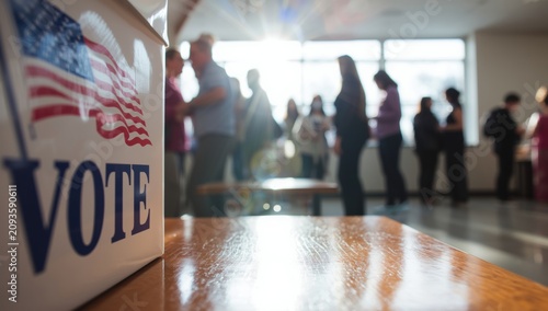 Close up of a ballot box with american flag symbol during election day with blurred people voting in background