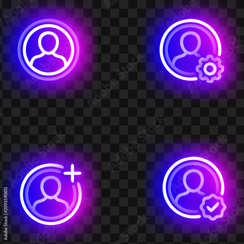 Neon Purple User Profile Avatar Icon Set for Account Settings Add Friend and Verified Account Vector