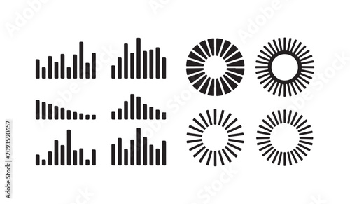 Fotografie Collection of sound frequency level bars and circular loading progress indicator icons