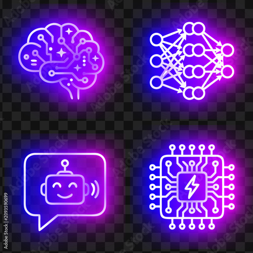 Neon AI and machine learning vector icon set
