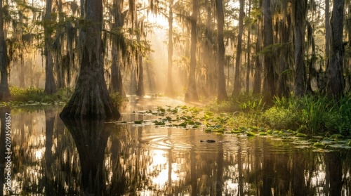 Misty Cypress Swamp at Sunrise with Alligator, Golden Sunbeams, and Reflections