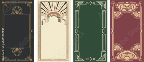 Photography Art deco style vertical banners with geometric sunbursts and architectural colum