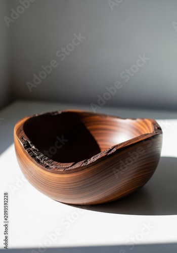 Handcrafted rustic wooden bowl made from dark walnut wood, resting on a clean white surface with natural sunlight and soft shadows, clean, empty, vessel