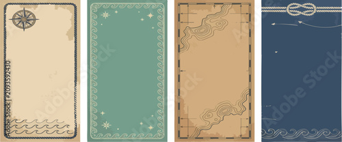 Cuadro en lienzo Nautical theme vintage maps and banners with compass rose and sea wave illustrat