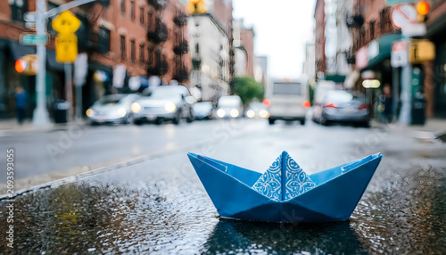Blue paper boat on wet city street