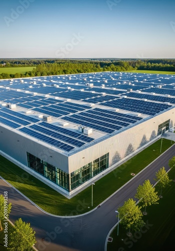 Aerial view of a large modern industrial warehouse featuring a vast array of photovoltaic solar panels on the rooftop for sustainable power, power, technology, storage