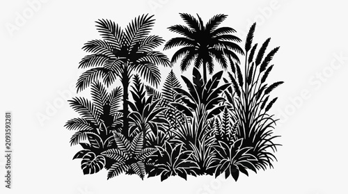 Obraz na plátně Tropical palm trees and lush foliage illustration.