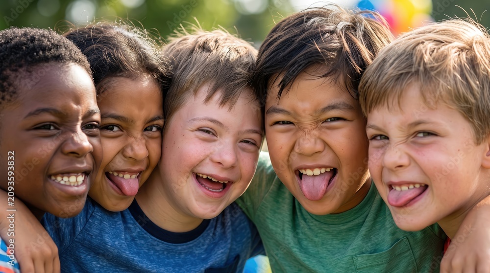 Fototapeta premium Diverse group of happy young boys hugging and laughing together