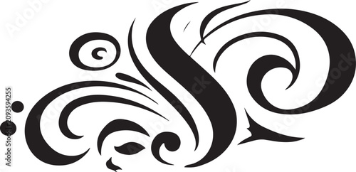 Ornate swirly letter S, black vector flourish, decorative typography element, calligraphy swirl