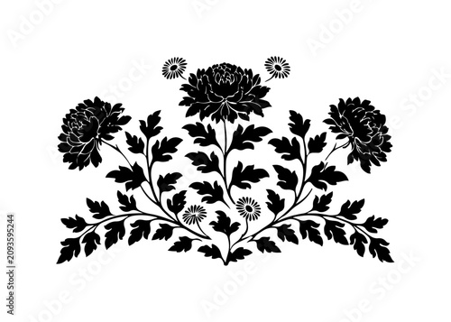 Black floral border, vector flowers, leafy branches, elegant botanical design, ornate decoration
