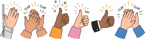 Diverse Human Hands Clapping and Showing Thumbs Up Gesture Icon Set representing Appreciating Success Approval and Celebration Vector Illustration