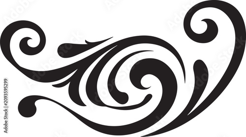 Black swirling wave, abstract vector design element, modern swirl pattern, decorative flourish