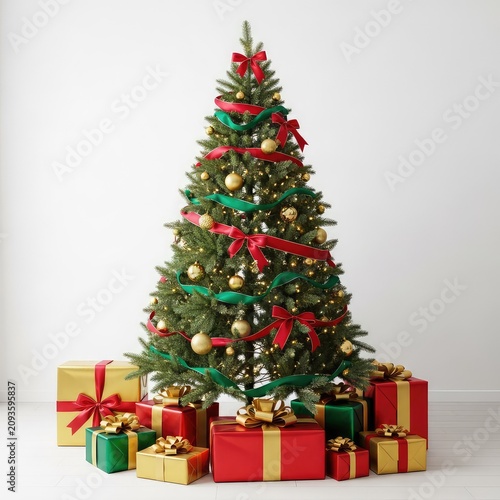A festive holiday room featuring a tall evergreen tree decorated with golden baubles, silk ribbons, and several wrapped presents underneath, decorations, home, bows
