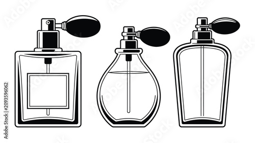 Foto Set of three vintage perfume bottles with atomizer bulbs illustrated in a clean