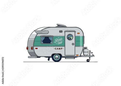 Vintage travel trailer caravan illustration with road trip design on white background