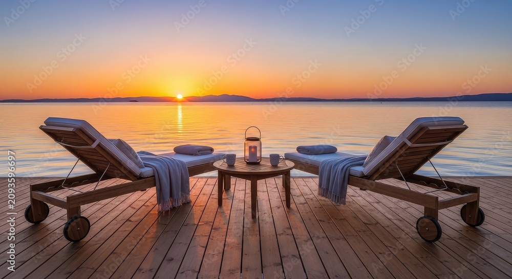Fototapeta premium A serene wooden patio overlooks calm blue water at sunset, featuring comfortable lounge chairs, soft cushions, and a peaceful atmosphere, environment, waterfront, evening