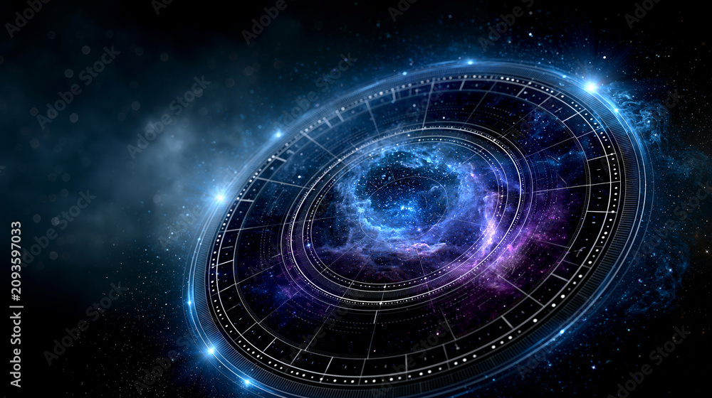 Fototapeta premium Glowing cosmic astrology wheel with nebula and star clusters, future prediction concept, digital zodiac illustration, with copy space