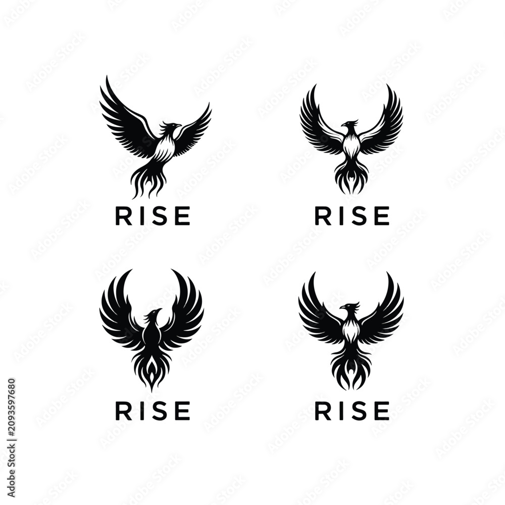 Fototapeta premium Set of four minimalist phoenix bird logos with rising wings and typography.
